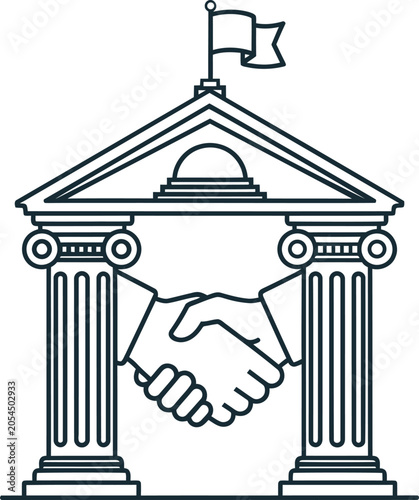 Vector illustration of handshake in front of building with columns and flag on white background