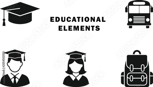 Black and white educational icons including graduation caps and school bus on white background