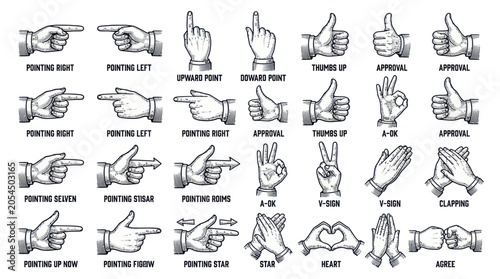 Tableau sur toile Collection of vintage hand gestures and communication signs