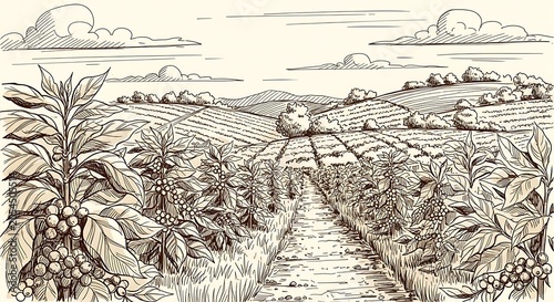 Ink drawing of a coffee plantation with rows of plants under a cloudy sky