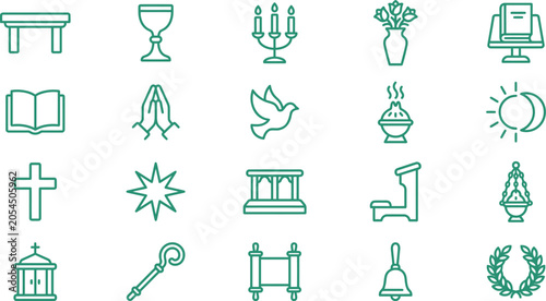 Foto Green line art vector illustration featuring a collection of essential religious