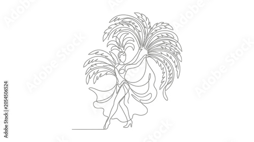 Fényképezés Elegant Dancer with Feathered Costume and Flowing Skirt, Single Line Art