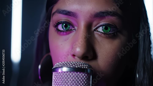 Young Woman Singing Into A Vintage Microphone In Neon Lighting