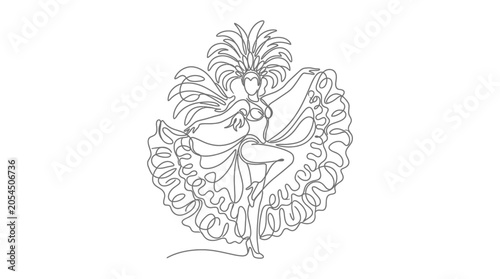 Foto One Line Drawing of a Dancer in a Frilly Skirt and Feathered Headdress, Performi