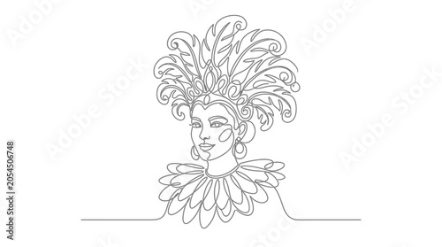 Canvastavla Elegant Woman in Feathered Headdress and Collar, Continuous Line Art
