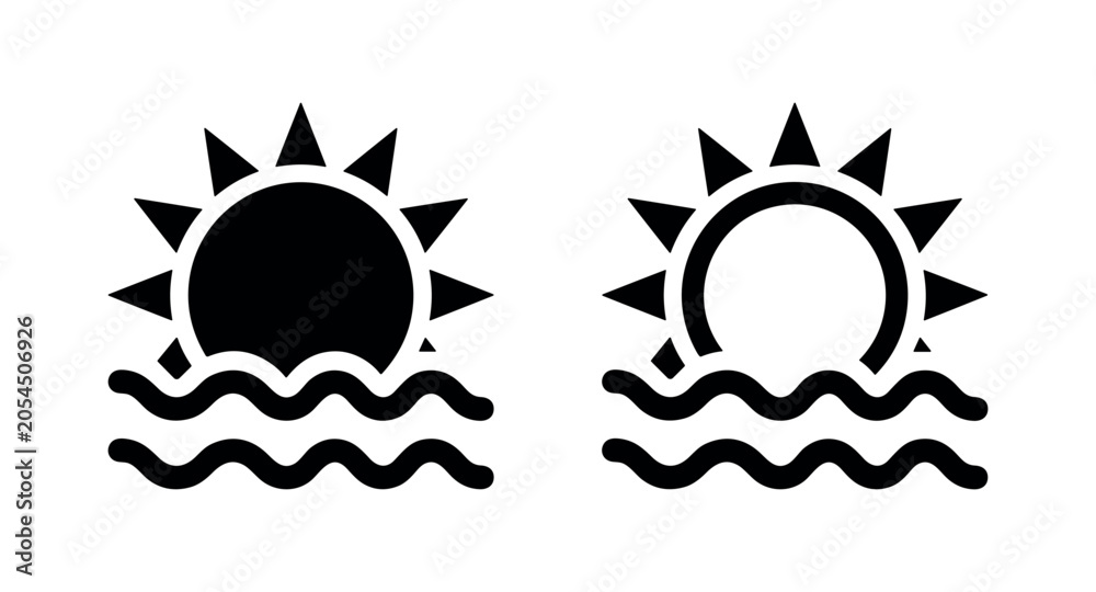 Obraz premium Sun over ocean waves icon set, sunset or sunrise and sea symbol in solid and outline styles, beach and holiday.