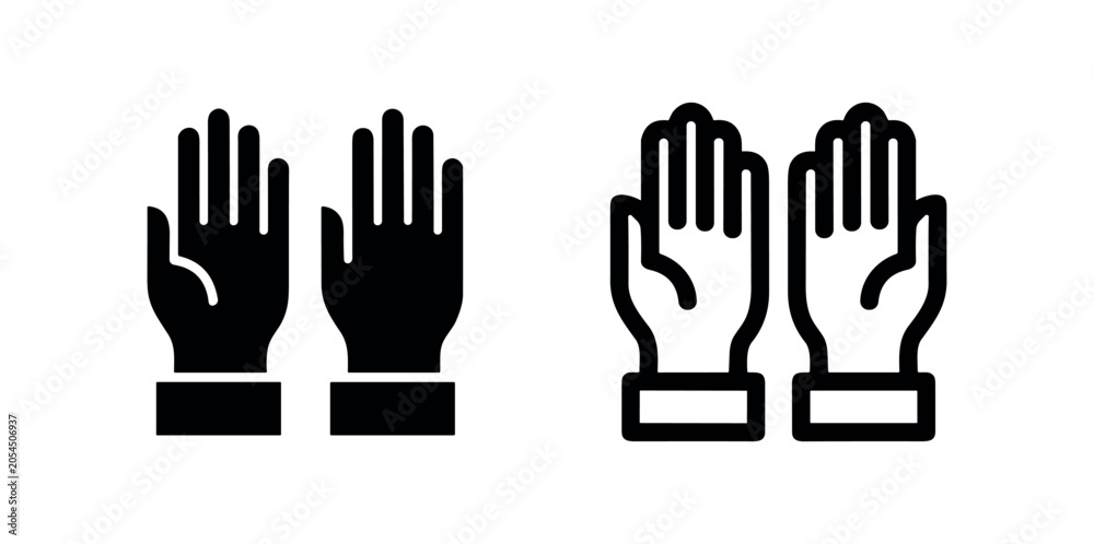 Fototapeta premium Hands raised up icon set, applause or surrender gesture in solid and outline styles, symbolizing various emotions.