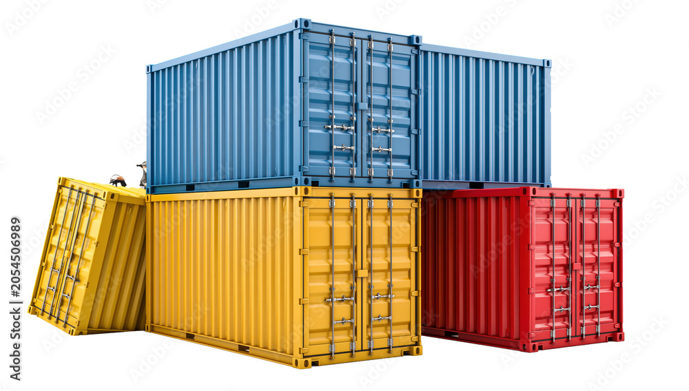 Fototapeta premium Stacked shipping containers in blue yellow and red PNG