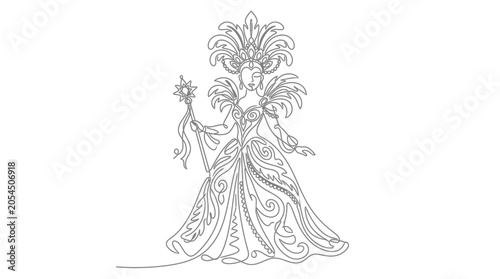 Slika na platnu Elegant Woman in Elaborate Gown and Crown Holding Star Wand, Continuous Line Art