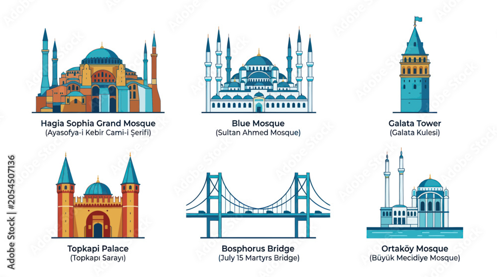 Fototapeta premium Iconic istanbul landmarks set with hagia sophia and blue mosque