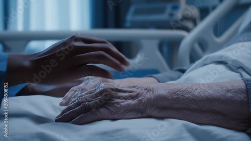 Compassionate Caregiver Holding Senior Patient Hand In Hospital Bed