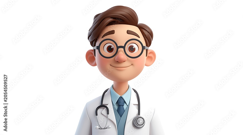 Fototapeta premium Friendly cartoon doctor with glasses and stethoscope smiles warmly