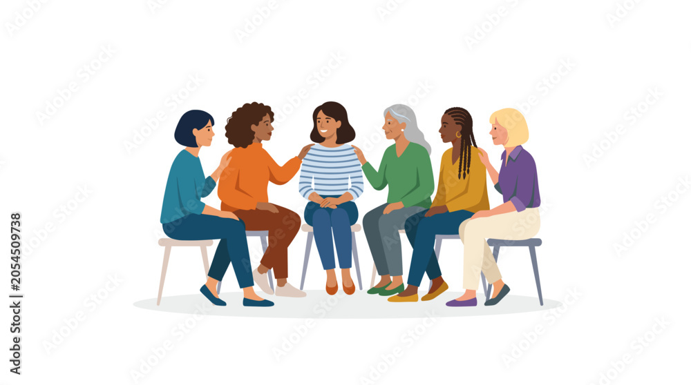 Obraz premium Diverse group of women sitting in a circle supporting each other in a therapy session or support group Vector