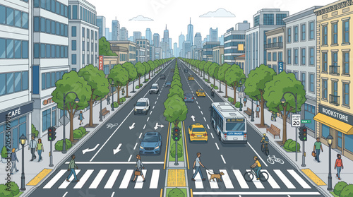 Foto Modern urban boulevard with traffic pedestrians and bike lanes