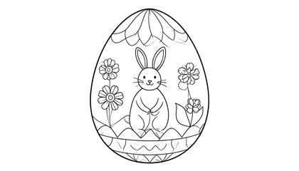 A black and white illustration of a bunny in an egg with flowers