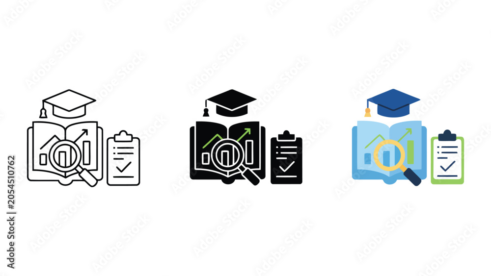 Fototapeta premium Academic research icons featuring open book magnifying glass and data chart in line solid and color vector styles