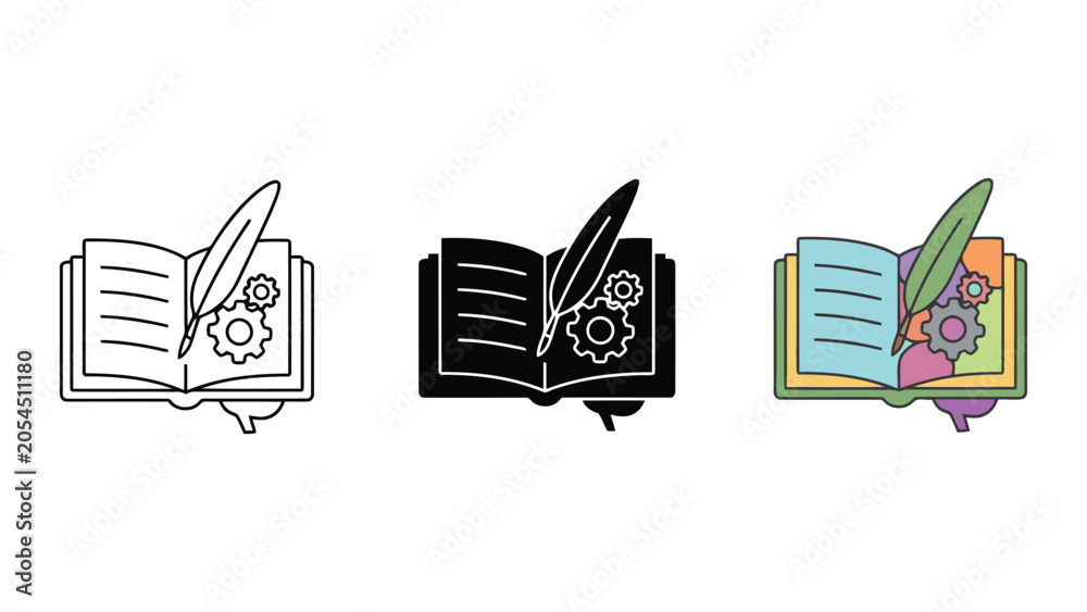 Fototapeta premium Open book with quill feather and gears representing creative writing and process vector illustration