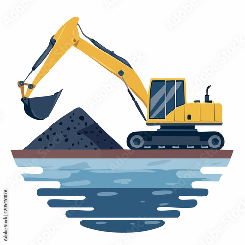 Yellow excavator digging a pile of coal near water