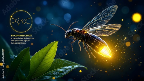 Glowing Firefly Bioluminescence Science Vector in Magical Night Forest
