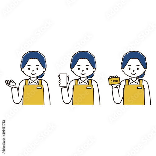 案内・スマホ・カードを持つエプロン姿の女性のイラストセット