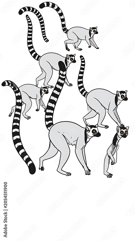 Fototapeta premium A black-and-white illustration of lemurs interacting