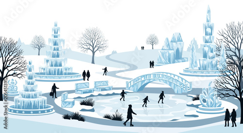 Φωτογραφία People ice skating in a park with elaborate ice sculptures and fountains