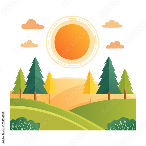 Flat design sunrise over green mountains with butterflies