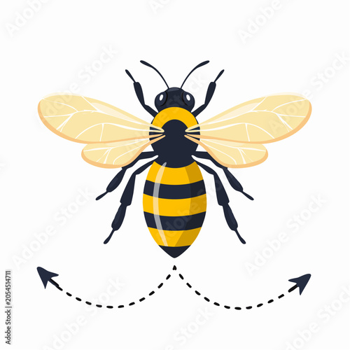 Stylized illustration of a bee with dotted flight path arrows
