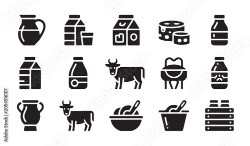 Φωτογραφία Dairy products milk jugs cheese jars and cow on farm icons.
