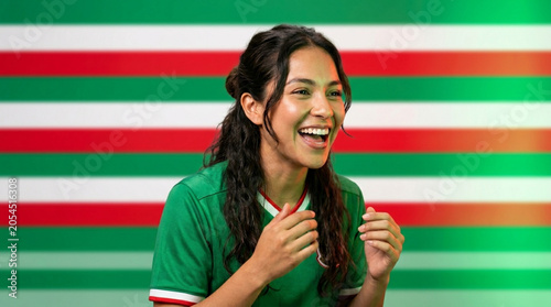 Cheerful young Latina soccer fan laughing in green jersey against green red and white striped background representing Mexican national colors during a sports celebration event.