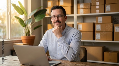 Confident Male Entrepreneur Working in His Home Office with Packages.