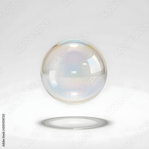Floating Soap Bubble with Iridescent Sheen on White Background