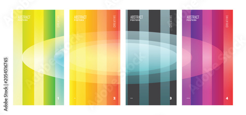 Abstract geometric poster template set with translucent oval shapes over broad vertical stripes.