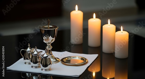 Lit candles and religious items arranged on a table with reflective surface