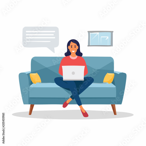 Woman working on laptop on sofa with chat bubble