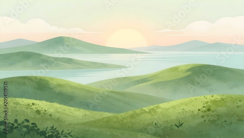 Elegant green tea vector artwork featuring peaceful sunrise horizon atmosphere