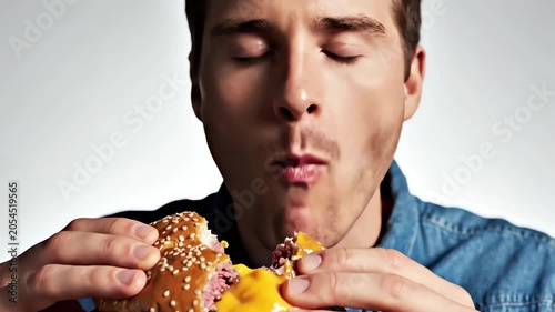 Young Man Enjoying a Delicious Homemade Cheeseburger with Eyes Closed in Intense Satisfaction and Culinary Pleasure