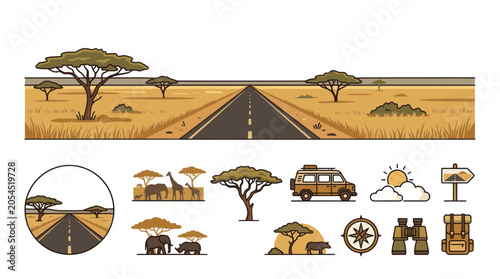 Photography African safari travel icons with savanna landscape and wild animals