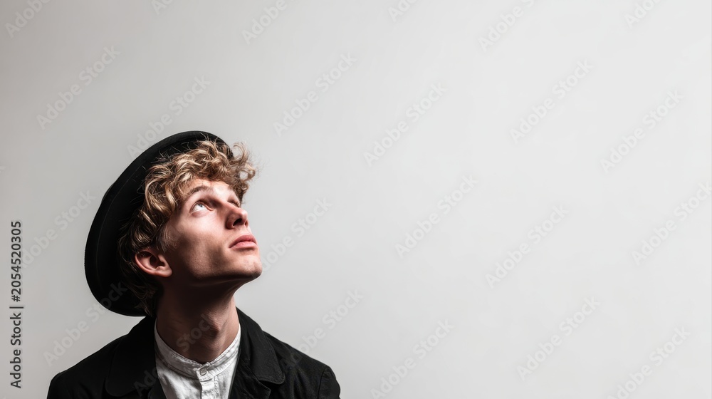 Fototapeta premium Banner. artistic young man, singer performing against white studio background with negative space to insert text. Concept of music, festivals, contemporary art, hobby, creativity. Ad