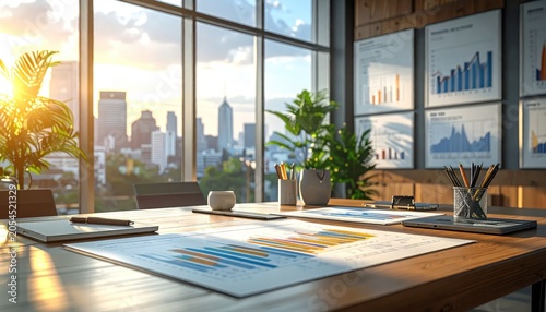 Bright corporate office workspace with data charts and graphs.