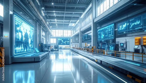 Bright futuristic server room corridor with glowing panels.