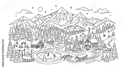 Winter mountain village landscape with snowy hills and pine trees