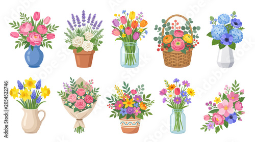 Variety of spring floral arrangements in vases and baskets
