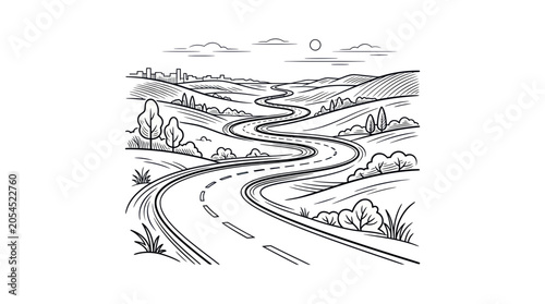 Winding road through hills toward a distant city