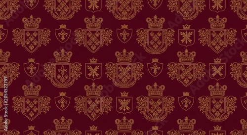 Luxury gold royal heraldic crest pattern on dark burgundy background with heraldic burgundy seamless background decorative heritage wallpaper ornament sophisticated traditional majestic