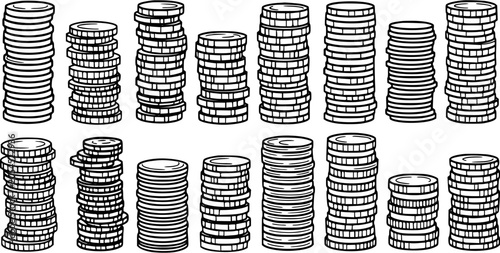 Black and White Line Art Stacks of Coins, Finance and Money Concept