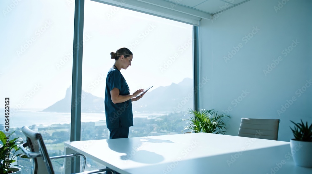 Fototapeta premium Young businesswoman standing by window and using digital tablet in modern office.