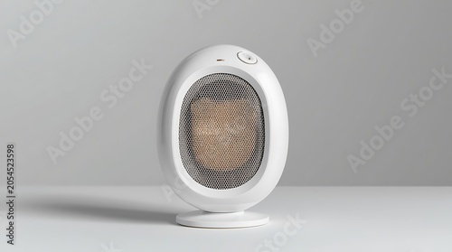 Modern white egg-shaped portable electric heater with mesh grille and controls