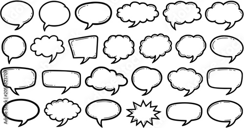 Set of Hand-drawn Black and White Speech Bubbles, Thought Bubbles, and Cloud Shapes