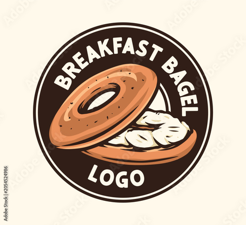 Vintage hand drawn breakfast bagel with cream cheese logo badge vector design